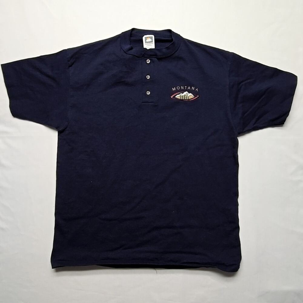 Vintage Montana Henley Shirt Cotton Deluxe Navy Blue Embroidered Mens Large Tee